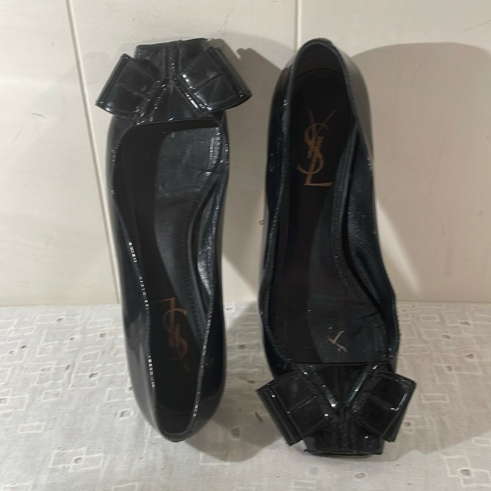 Yves Saint Laurent Black Flat Peep Toe Bow Flat Shoes - Picture 1 of 13